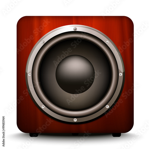 Detailed vector illustration of dark home subwoofer with redwood