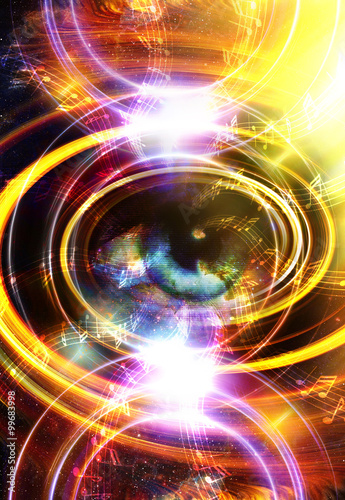 Woman Eye and music note and cosmic space with stars. abstract color background, and yellow light, fire circle. eye contact.