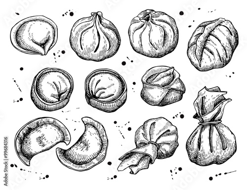 Vector set of dumplings. Vintage sketch illustration.