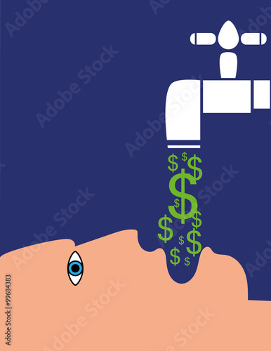 Profile of a human head under a tap pouring out a flow of money in the form of US dollar symbols into the open mouth