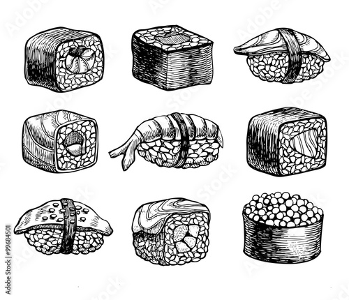 Vector hand drawn sushi set. Vintage sketch illustration.