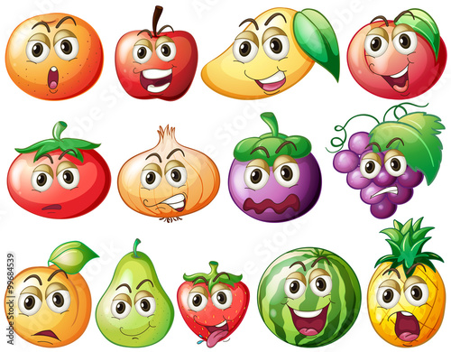 Fresh fruits and vegetables with face
