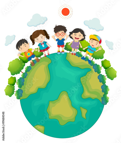 Children standing around the earth