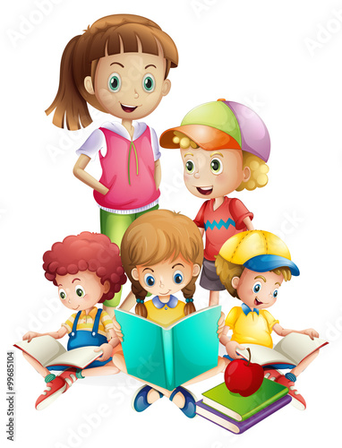 Boys and girls reading book