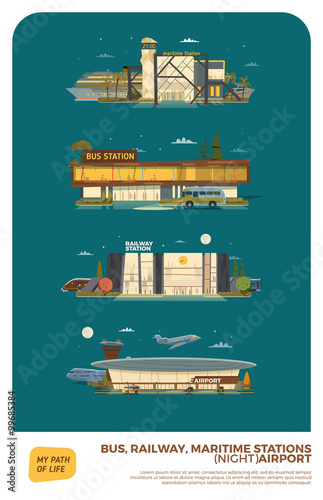 Bus, maritime, railway stations and airport. 
