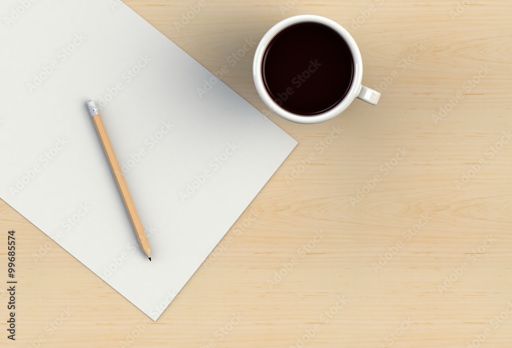 Blank paper with pencil and coffee cup on wood table Blank paper with pencil and coffee cup on wood table