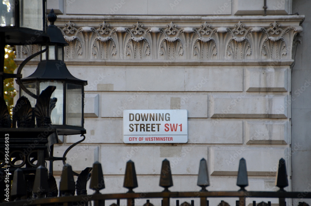 Fototapeta premium Downing Street's sign in Westminster. Downing St. has housed government leaders for over three hundred years. 