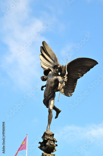 View of the familiar statue of Eros in Piccadilly Circus, London.