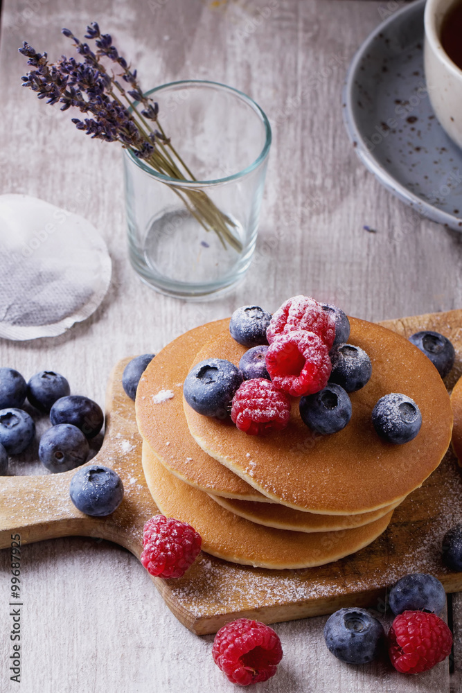 Pancakes with Berries and tea