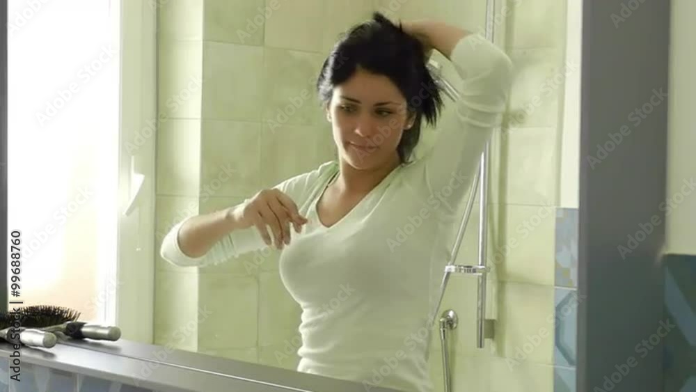 Woman screaming for stinky armpit slow motion in bathroom Woman screaming for stinky armpit slow motion in bathroom