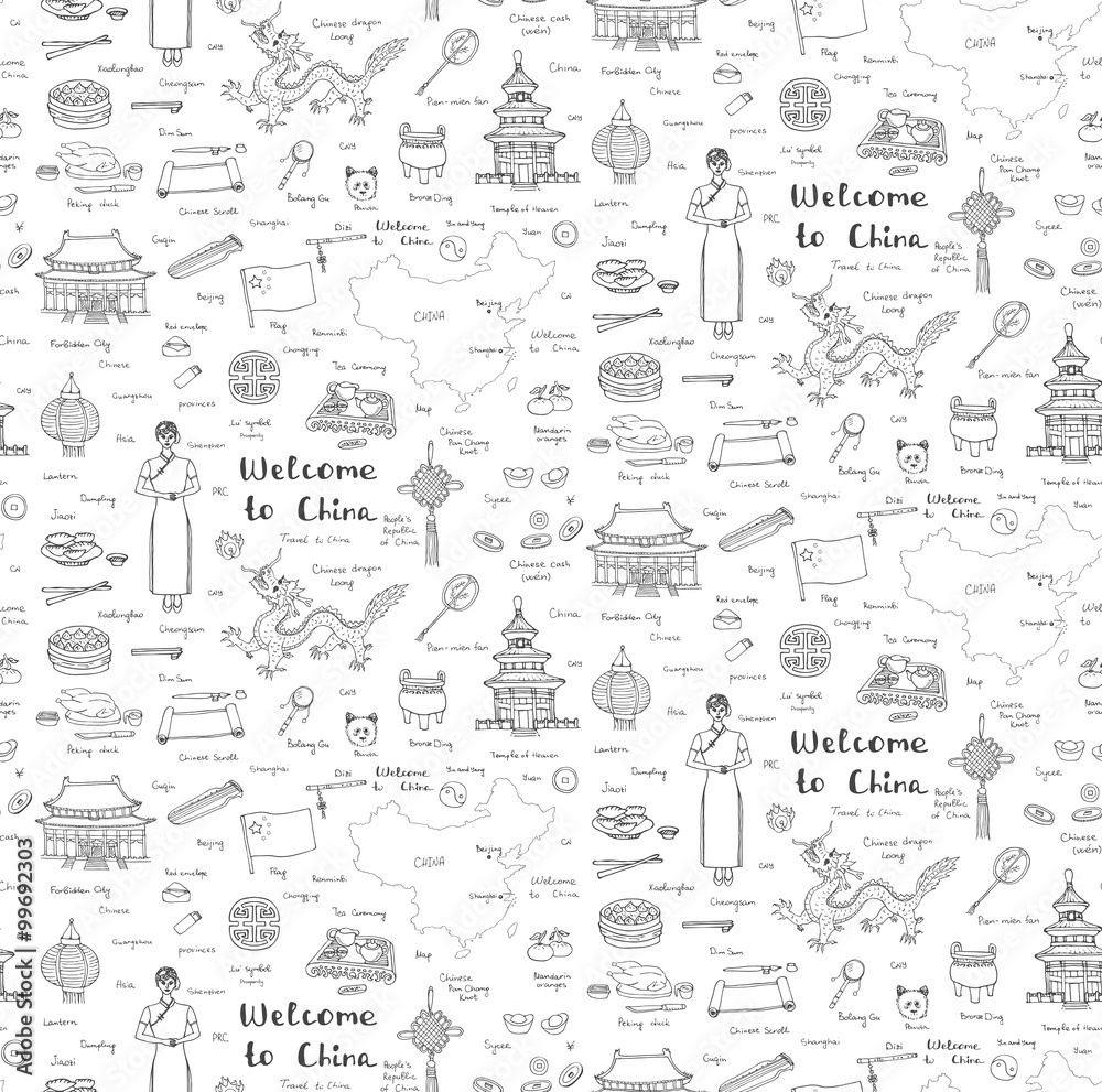 Seamless background Hand drawn doodle China icons collection Vector illustration Sketchy Chinese icons Big set of icons for Welcome to China Concept Tea Ceremony Chinese food Dragon National costume
