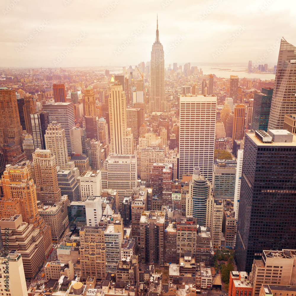 New York City skyline with retro filter effect, USA.