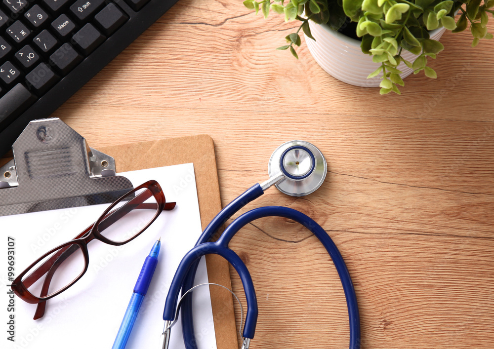 Stethoscope on laptop keyboard. Concept 3D image Stethoscope on laptop keyboard. Concept 3D image