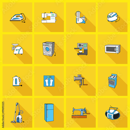 Set with household appliances icons. Flat style with long shadow
