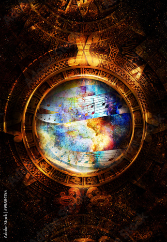 Ancient Mayan Calendar and  Music note  Cosmic space with stars  abstract color Background  computer collage. circular view on space.