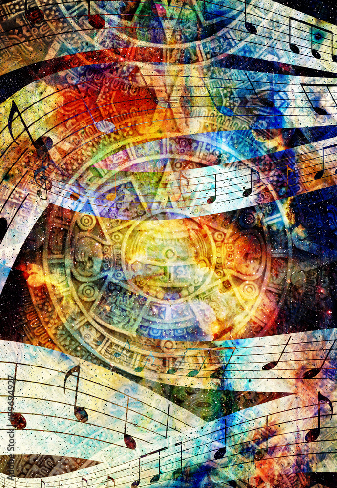 Ancient Mayan Calendar and Music note, Cosmic space with stars, abstract color Background, computer collage. circular view on space.