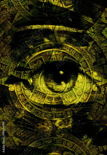 Ancient Mayan Calendar and woman eye with  Music note  abstract color Background  computer collage.