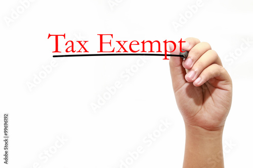 Man writing text tax exempt over white