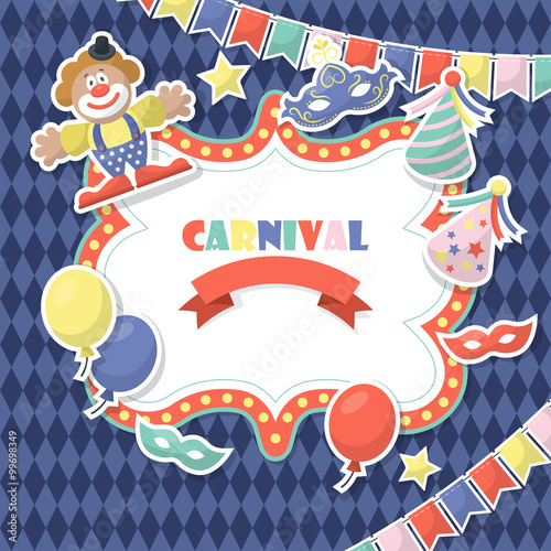 Carnival celebration background with stickers. Party invitation