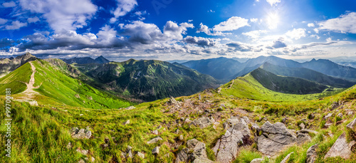 Panorama of Tatra Mountains peaks in sunny day