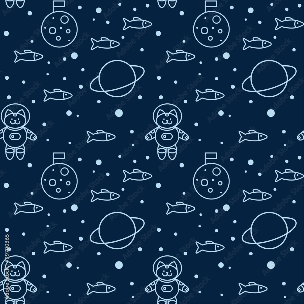 Seamless pattern with cat in space, the Moon and Saturn