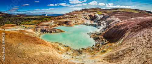 Panorama of blue pond on volcano area in Iceland
