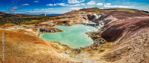 Panorama of blue pond on vo...