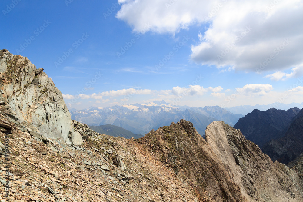 Panorama view with mountain Großglockner and glaciers in Hohe Tauern Alps, Austria