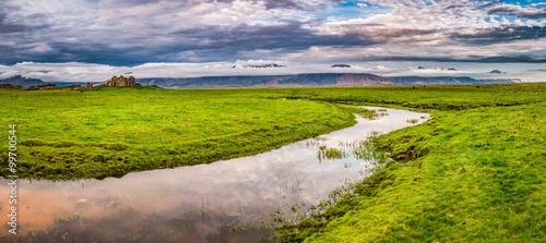 Panorama of river on mountains background with horses in Iceland