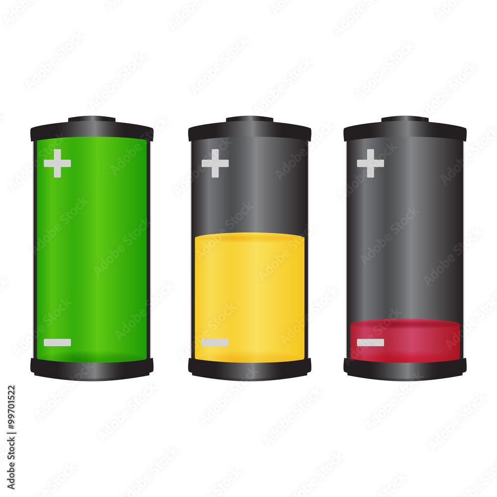 Isolated full, middle and low charged battery Isolated full, middle and low charged battery