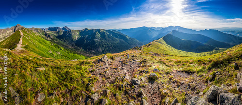 Panorama of beautiful sunset in mountains in Poland