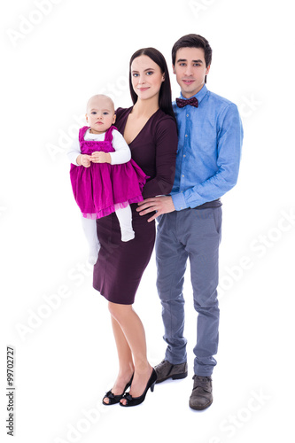 full length portrait of young parents with baby girl isolated on