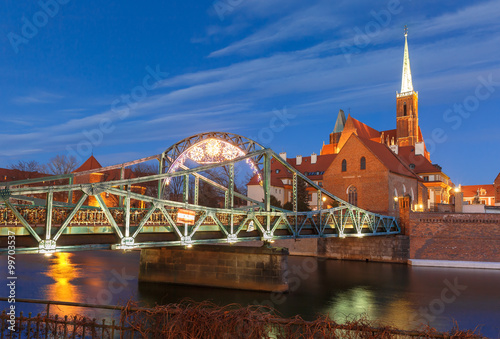 Tumski Bridge at night in Wroclaw, Poland