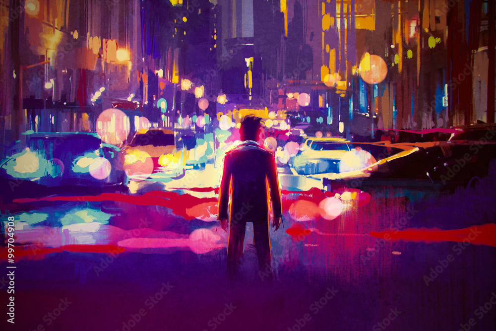 Fototapeta premium man standing on illuminated street at night,illustration painting