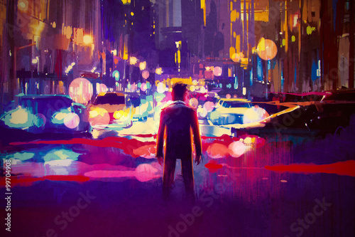 Fototapeta Naklejka Na Ścianę i Meble -  man standing on illuminated street at night,illustration painting
