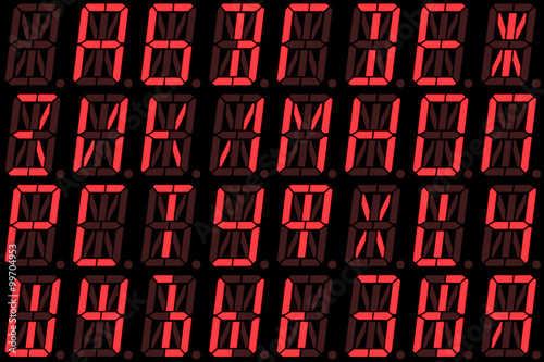 Digital Cyrillic font from capital letters on red alphanumeric LED display