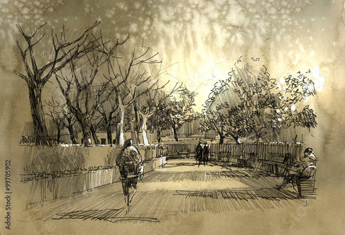 freehand sketch of city park walkway