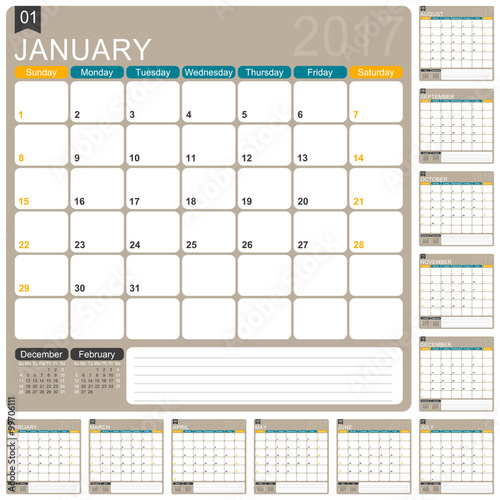 English calendar 2017 / week starts on Monday, vector illustration