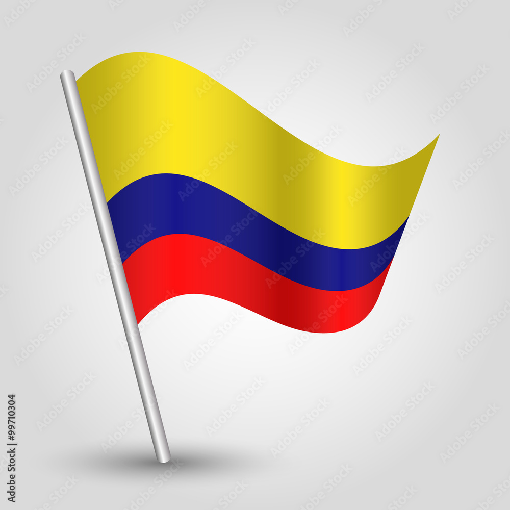 vector waving simple triangle colombian flag on slanted pole - icon of colombia with metal stick vector waving simple triangle colombian flag on slanted pole - icon of colombia with metal stick