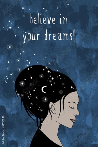 Obraz "Uwierz w swoje marzenia!" - ręcznie rysowany portret kobiety o ciemnych włosach i gwiazdach