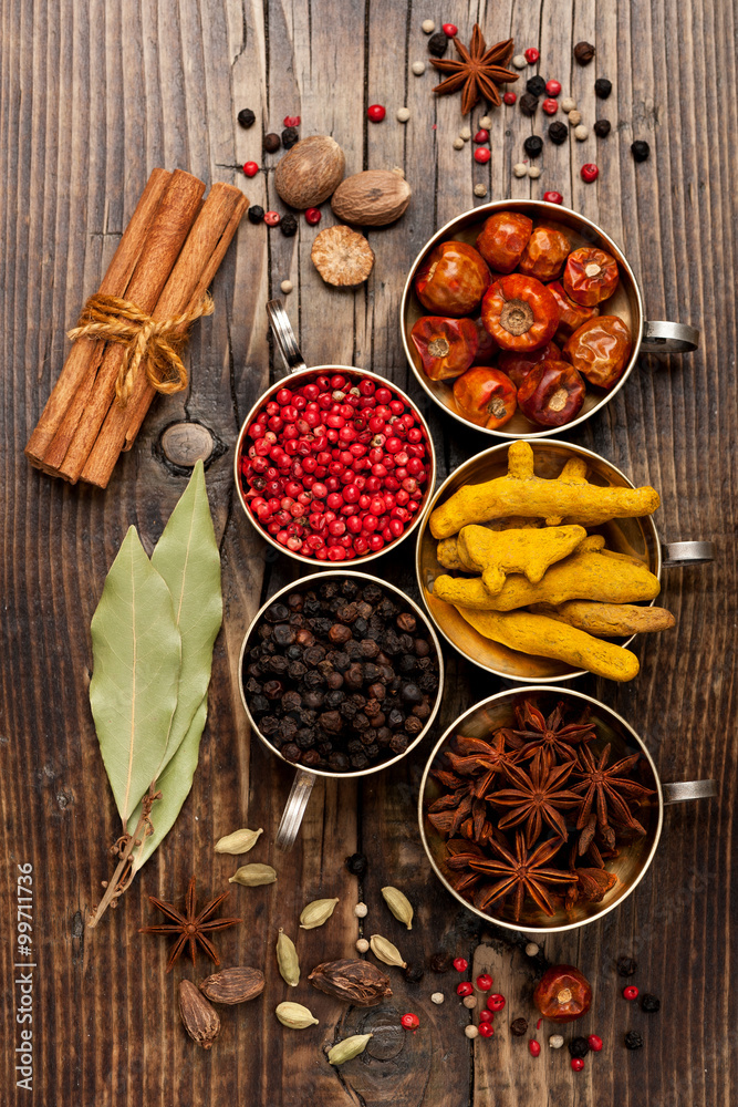 Spices and spicy, top view