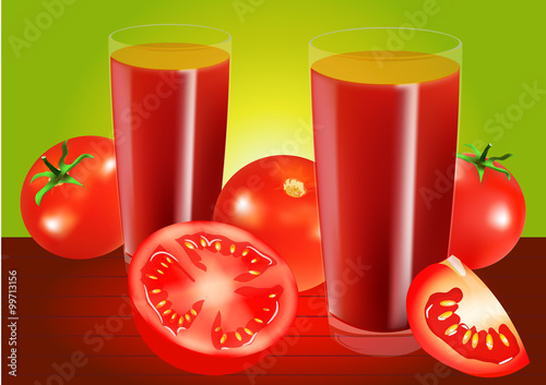 Two glasses of tomato juice and tomatoes,  green background. Vector illustration. All elements on a separate layers