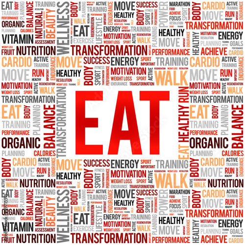EAT word cloud background, health concept