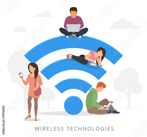 People with gadgets using wi-fi outdoors
