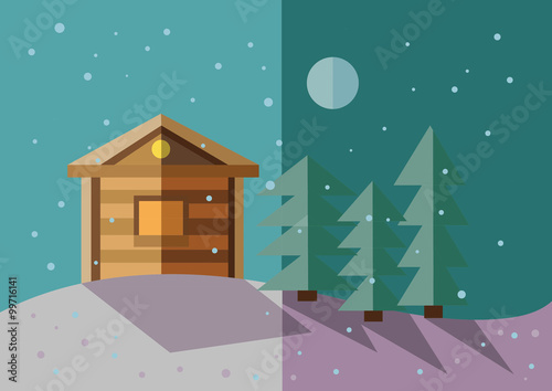 flat illustration of winter landscape with villiage house, trees , snow and moon photo