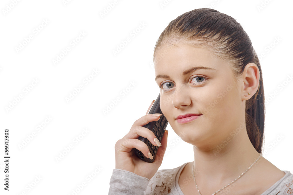 young elegant woman talking on phone isolated on white backgro young elegant woman talking on phone isolated on white backgro