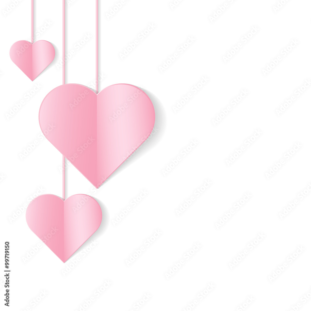 Romantic background with hanging hearts. Vector illustration.