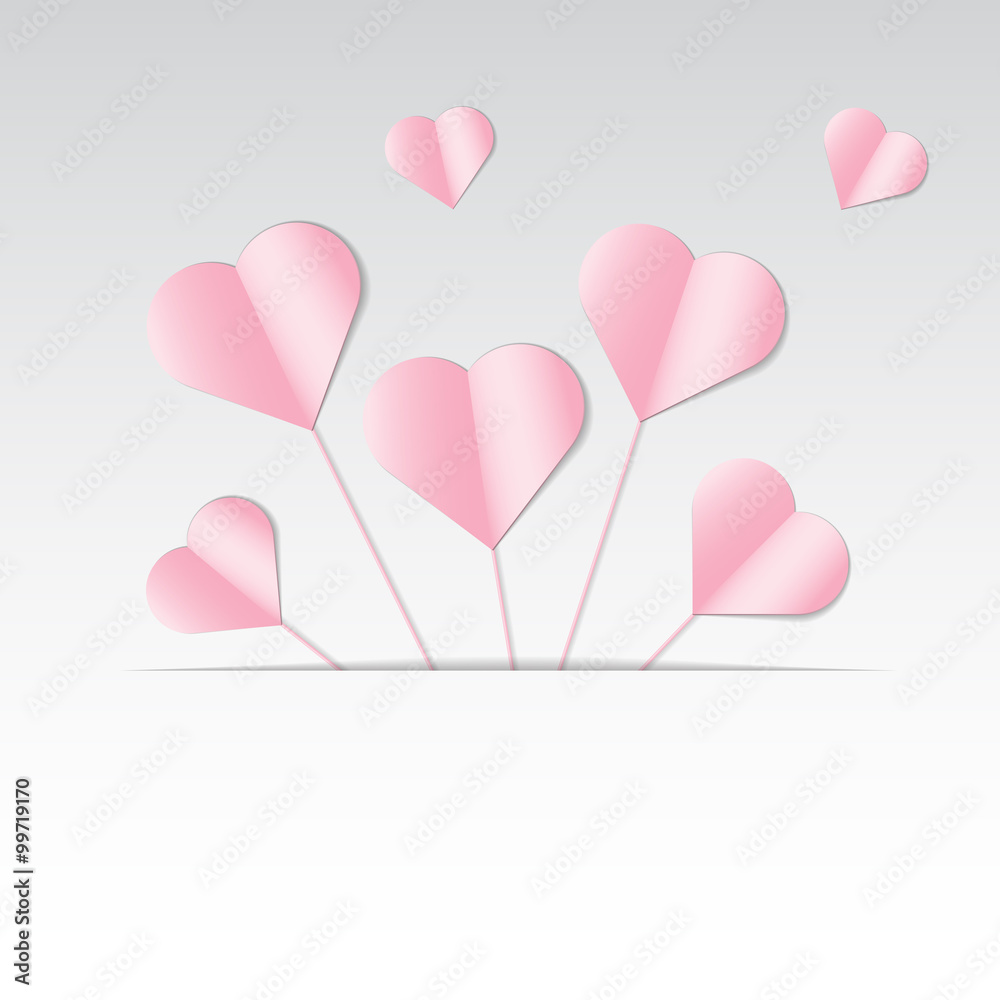 Romantic background with pink paper cut hearts and space for text.  Vector illustration.