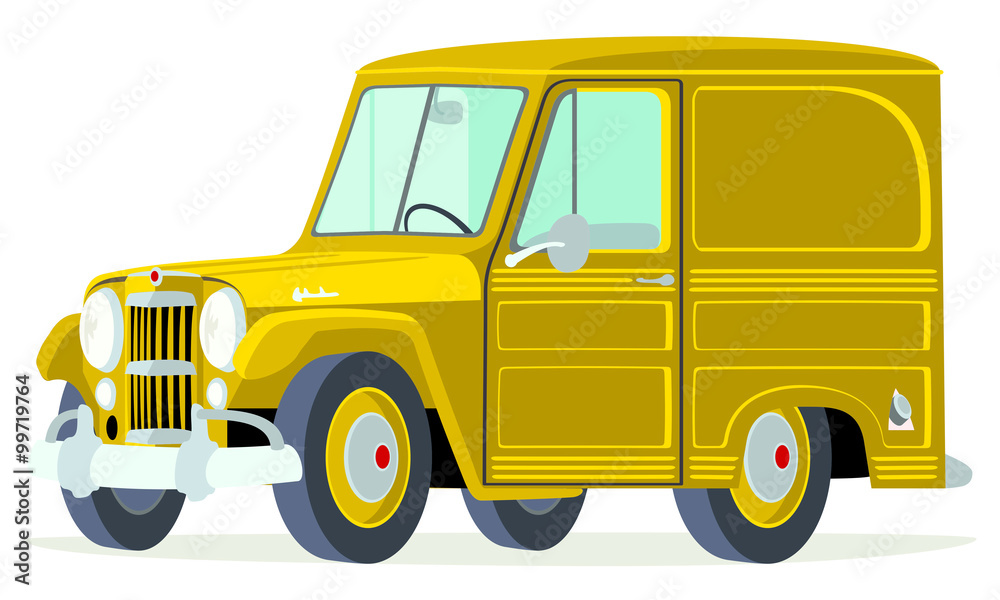 Caricatura Willys Jeep  Delivery Panel amarillo vista frontal y lateral