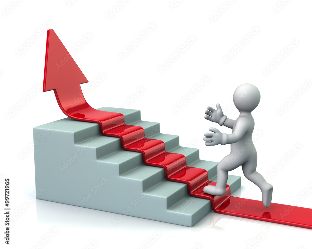 Man climbs up stairs on red arrow isolated on white background Man climbs up stairs on red arrow isolated on white background